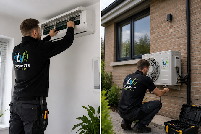 LV Climate Solutions engineers installing and servicing air conditioning units