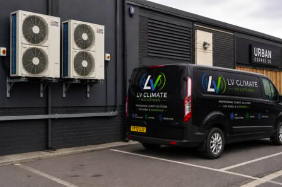 LV Climate Solutions van at a commercial air conditioning installation in Surrey